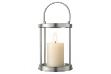 Modern metal lantern containing burning candle isolated on transparent background, perfect for designs related to home decor, relaxation, or celebrations