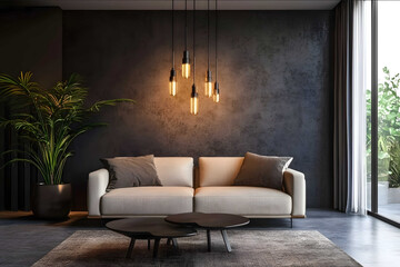 the image shows modern hanging lamp in the living room