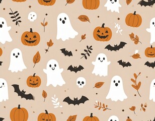Cute halloween pattern with ghosts bats pumpkins skulls and autumn leaves seamless fall background wallpaper