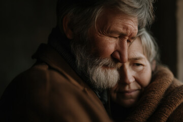 elderly couple embraces in warm coffeetoned background exuding deep trust and love