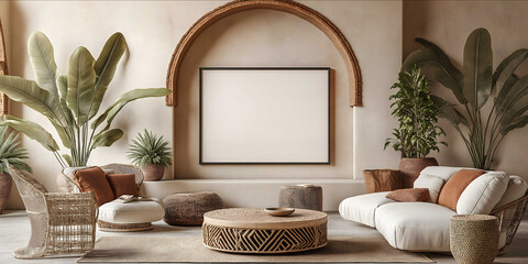 Mockup of a blank picture frame placed in a Modern desert oasis beige and tan palette organic shapes with subtle African motifs