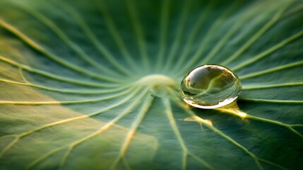 Obraz premium Delicate water droplet on a large leaf.