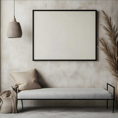 A isolated large horizontal blank black picture frame in a 43 ratio clearly displayed in landscape orientation hangs on a wall as the focal point of the scene The fr