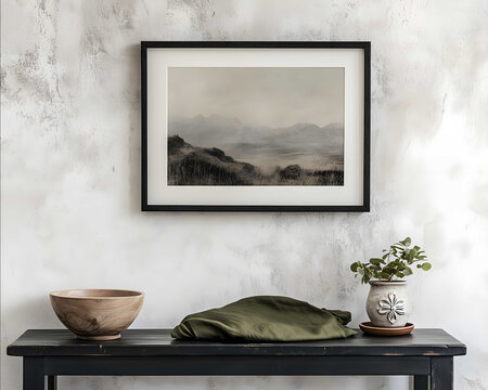 A peaceful vantage point that includes a framed landscape photograph 40 cm wide and 30 cm high The artwork is mounted on a whitegrey wall with a rough texture Be