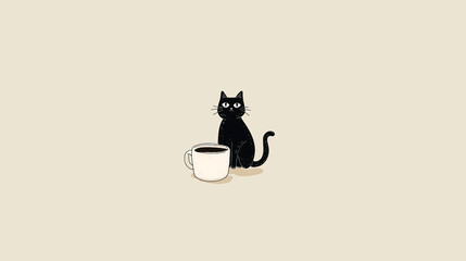 Black cat sitting beside a white coffee cup on a soft beige background, showcasing a cozy and whimsical atmosphere perfect for cat lovers and coffee enthusiasts