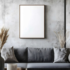 Close up on a single blank picture frame ar 32 mockup hanging on a cement wall nordic style