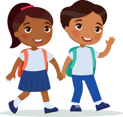 Schoolmates going to school flat vector illustration. Dark skin couple pupils in uniform holding hands isolated cartoon characters. Happy elementary school students with backpack back