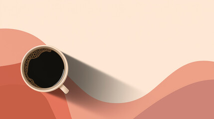 Coffee cup with black beverage sits on abstract wavy background featuring soft pastel colors, creating a modern and artistic atmosphere for design and relaxation