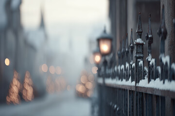 enchanting winter scene featuring ancient church gates blanketed in snow