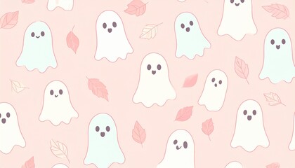 Cute pink halloween ghost and fallen leaves seamless pattern illustration vector