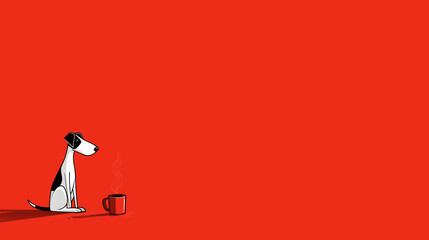 Playful cartoon dog sitting beside a steaming cup on a vibrant red background, showcasing a whimsical and cozy atmosphere with a touch of humor and charm