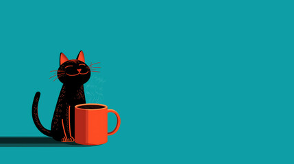 Black cat sits beside an orange mug, enjoying a warm beverage, on a teal background 