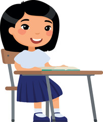 Asian school girl sit at school desk, cartoon characters. Elementary school education process. Happy pupil at lesson flat vector illustration