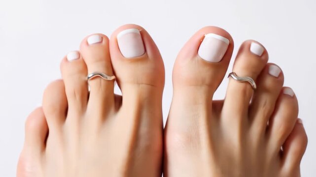 A woman's feet with a beautiful French pedicure on her toes. A 4K video showing nail beauty, spa, and foot care on a white background.
