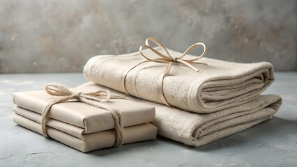 Photo of soft, folded beige towels and neatly wrapped gifts tied with twine sit on a textured surface, evoking comfort and elegance