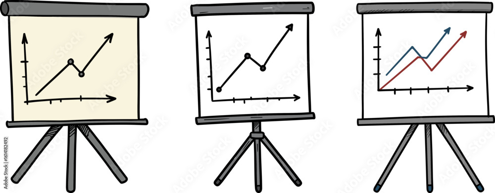 Poster graph charts on easels showing upward trends and statistics vectors, transparent background