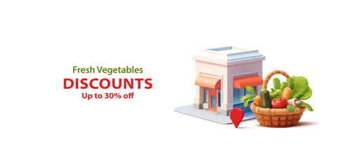 Discounts and special offers on vegetables. 3D store building, basket with vegetables. Marketing and advertising of grocery stores. Vector illustration.
