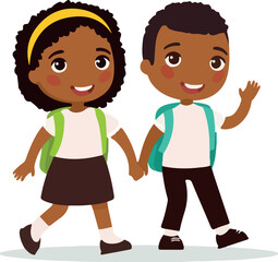 Schoolmates going to school flat vector illustration. Dark skin couple pupils in uniform holding hands isolated cartoon characters. Happy elementary school students with backpack back to school