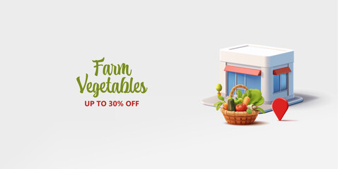3D basket with vegetables, store building and location icon. For discount concepts and special offers on fresh farm vegetables. Vector illustration.