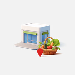 3D store building with basket of fresh farm vegetables, location icon. For supermarket vegetable sales concepts, advertising and discounts. Vector illustration.