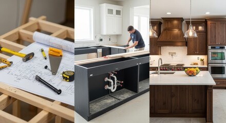 Concepttoreality depiction featuring transitional imagery of custom kitchen construction phases.