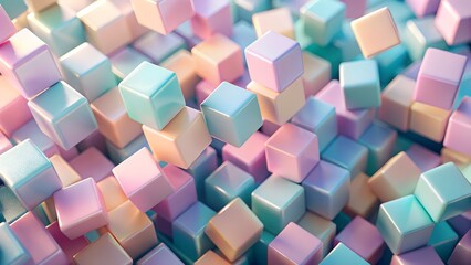 Photo of a vibrant collection of soft pastelcolored cubes are scattered and stacked, creating a playful and abstract geometric pattern