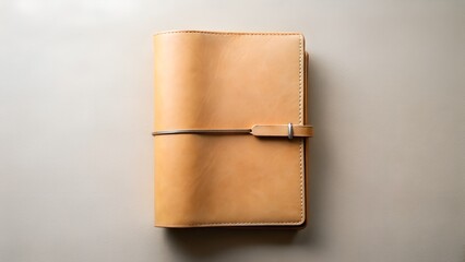 Photo of a closed tan leather notebook with a simple strap closure lies flat on a neutral background