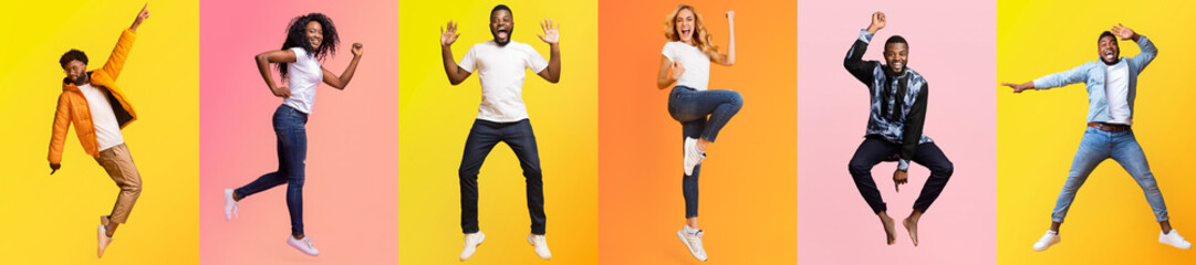 A collage featuring five diverse individuals joyfully expressing themselves against vibrant yellow...