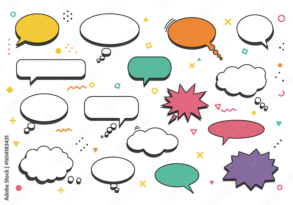 Poster a diverse collection of speech bubbles and thought clouds for communication and expression