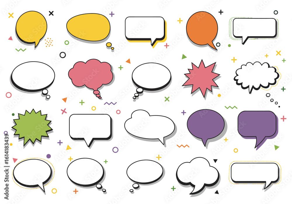 Poster collection of colorful and diverse speech bubbles and thought bubbles for communication and design e