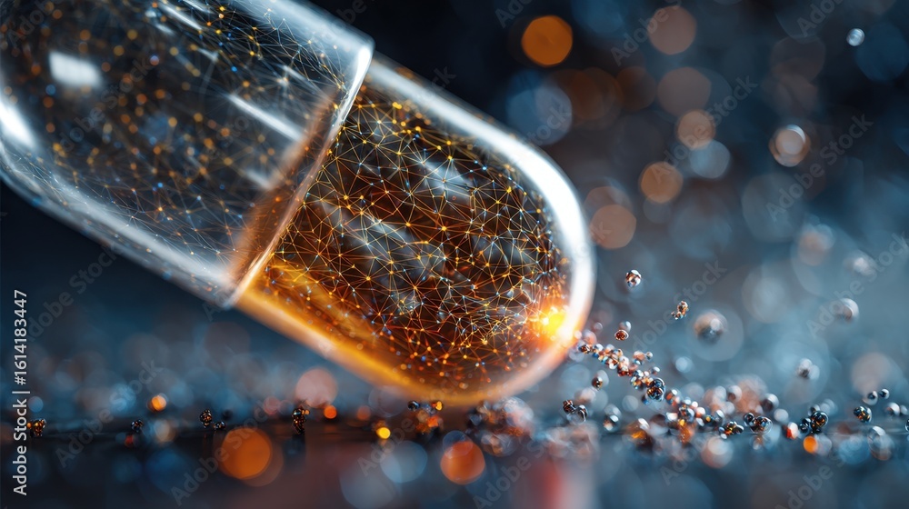 Poster microscopic particles are being released from a futuristic pill, showcasing nanotechnology in target