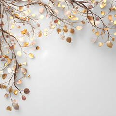 Fototapeta premium Elegant golden and copper metallic leaves on delicate branches arranged in the corner over a soft gray background, ideal for luxury designs or invitations. 