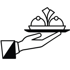 Minimalist line drawing of hand holding tray with food and drink