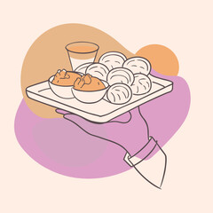 Minimalist line drawing of hand holding tray with food and drink