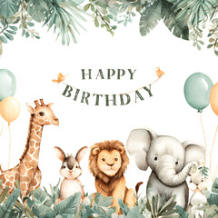 Cute jungle animals with balloons and greenery under "Happy Birthday" banner, perfect for children's party invitations or nursery decor.
