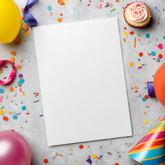 Blank white card mockup surrounded by colorful balloons, confetti, cupcake, and party hat on marble background, perfect for birthday or festive invitations.
