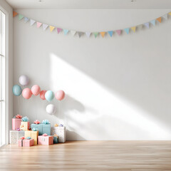 Minimal pastel party scene with balloons, gift boxes, and bunting in a bright room with wooden floor and sunlight, perfect for birthday or celebration backgrounds.
