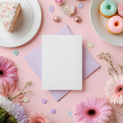 Blank card mockup on pink background with donuts, cake slice, pastel envelope, and flowers, ideal for invitations, greetings, or celebration designs.
