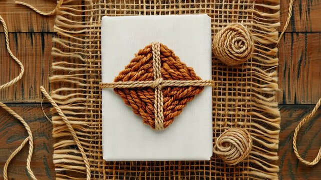 Textured Craftsmanship: A close-up shot presents a gift, its simplicity and warmth highlighted through the use of organic rope to create captivating patterns on top of textured background.