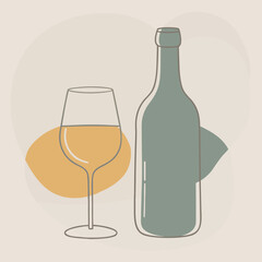  Minimalist wine bottle and glass with abstract shapes