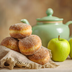 Sugary donuts stacked on rustic fabric with green apples and a teapot in the background, perfect for cozy food and bakery-themed scenes.
