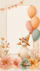 Adorable duck in party hat with balloons and pastel flowers on a beige frame background, perfect for baby shower or birthday invitations.
