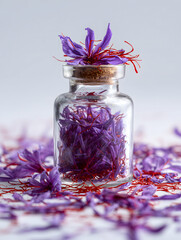 Glass jar filled with vibrant red saffron threads and purple crocus petals, perfect for culinary, herbal, or natural health themes.
