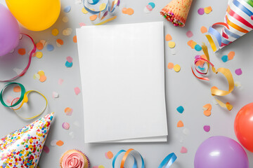 Blank white card surrounded by colorful balloons, party hats, confetti, and streamers on gray background, perfect for birthday or celebration mockups.

