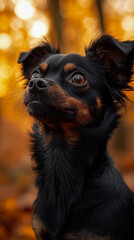 Charming small dog with dark fur intently gazing upward, illuminated by warm golden autumn light in a woodland setting, ideal for pet themes.