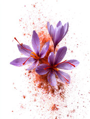 Purple saffron flowers with vibrant red stigmas and scattered saffron powder on white background, perfect for culinary, herbal, or botanical themes.
