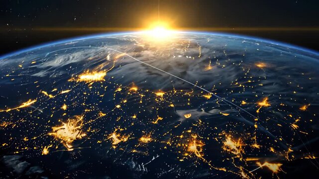 Global Network at Sunrise:  Captivating view of the Earth, with intricate network lines connecting continents, under the stunning light of a rising sun, symbolizing global interconnectedness.