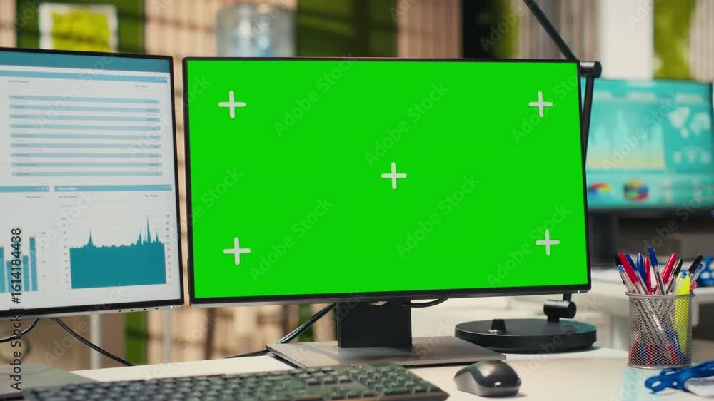 Poster empty modern office space presents dual monitors and green screen on display, showcases high tech to