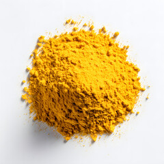 Pile of vibrant yellow turmeric powder on white background, ideal for culinary, health, or spice-related concepts.

