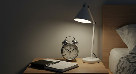 Alarm clock on bedside table next to lamp and notebook